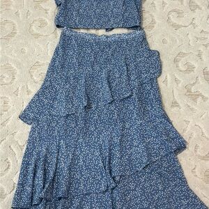 Floral blue and white 2 piece - top and skirt with 2 tiered ruffles